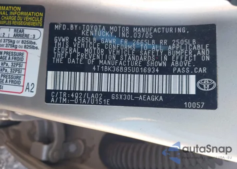 2005 Toyota Avalon Xls z USA, uszkodzony, nr VIN 4T1BK36B95U016934